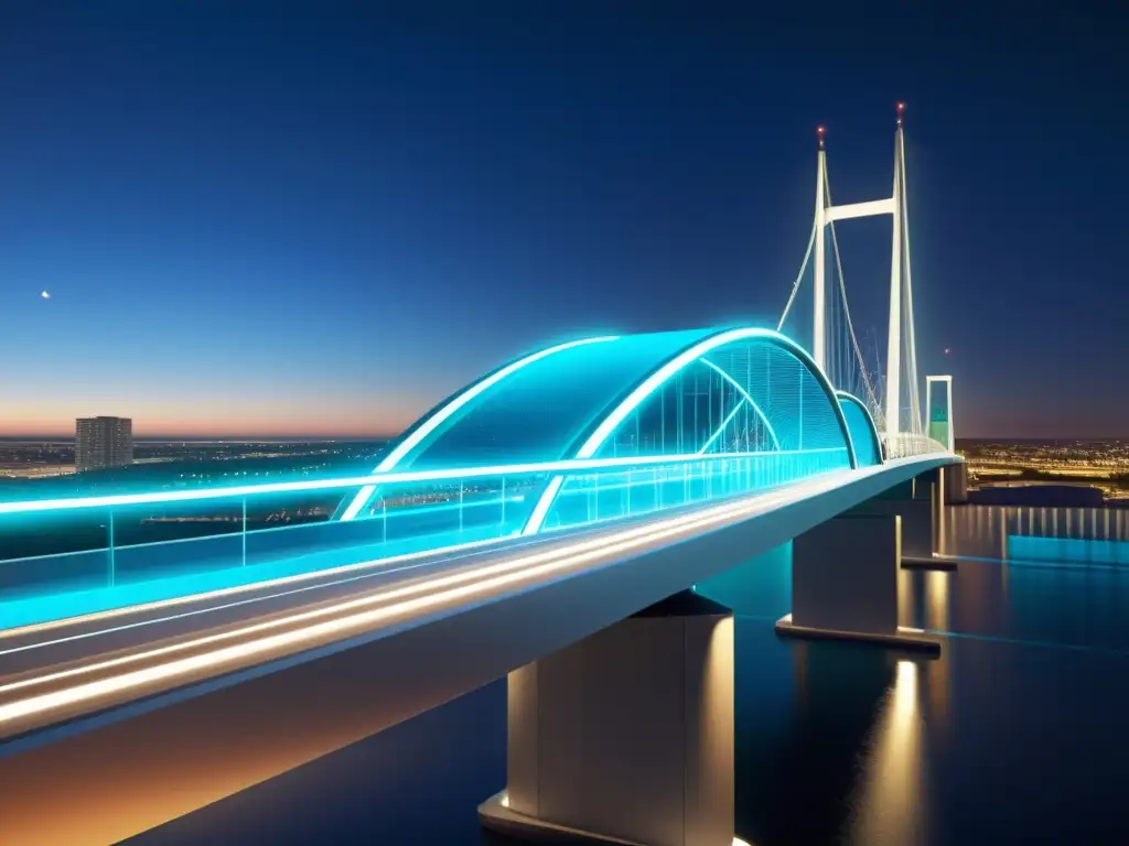 Imagen de diseño futurista de puente con herramientas interactivas para explorar puentes, destacando tecnología avanzada y colaboración profesional