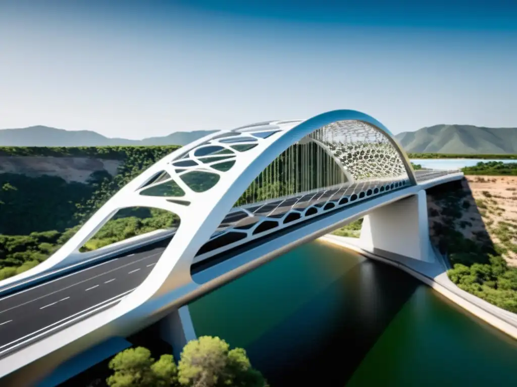 Imagen de diseño de puentes con fabricación digital: un concepto futurista con líneas curvas y patrones geométricos, fusionando arte, ingeniería y tecnología