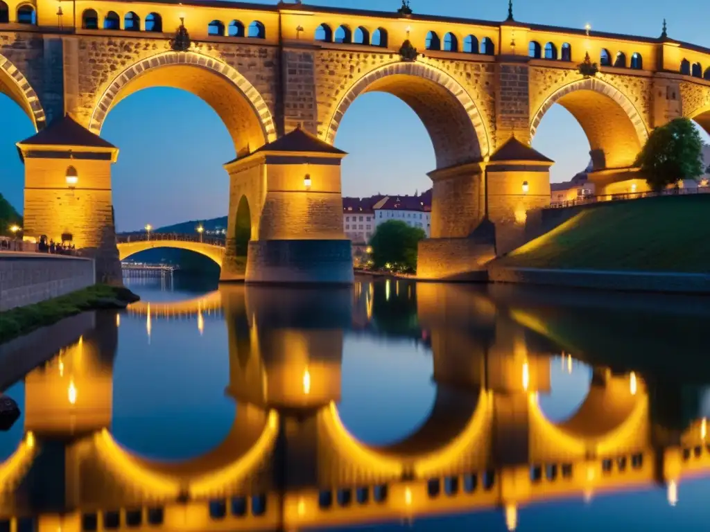 Imagen documental de la Rakotzbrücke al atardecer, resaltando su arquitectura simétrica y reflejo en el agua, evocando la historia y mitos del puente Rakotzbrücke