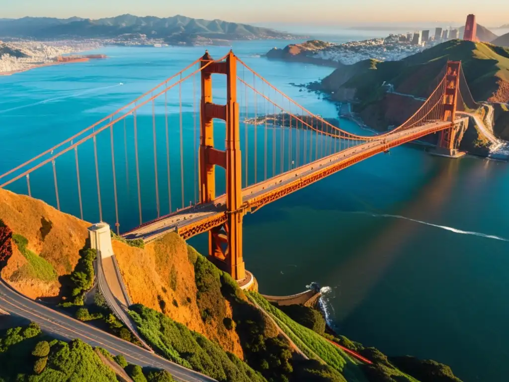 Imagen documental de alta resolución del Puente Golden Gate al atardecer, destacando sus detalles arquitectónicos y la serenidad del paisaje