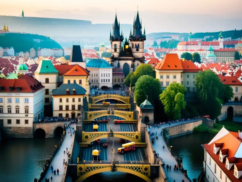 Construcción histórica del Puente Carlos en Praga Imagen documental de la construcción del Puente Carlos en Praga, mostrando detalles arquitectónicos e historia laboral