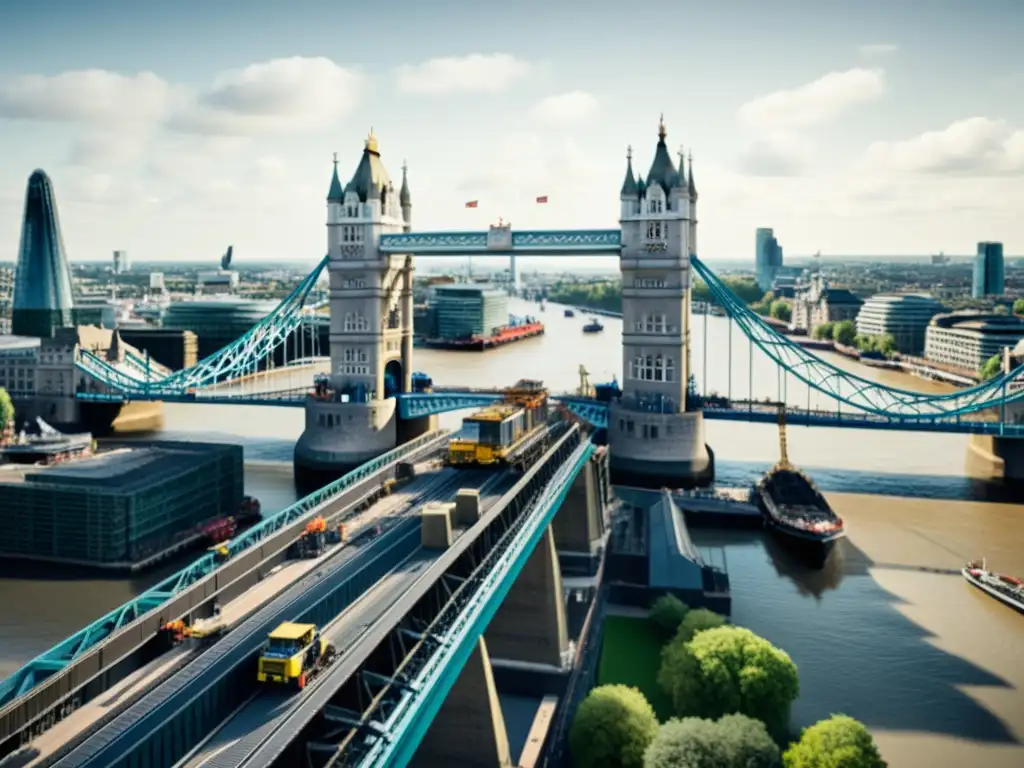 Imagen documental de la construcción del Puente de la Torre de Londres, destacando la arquitectura e historia de la icónica estructura