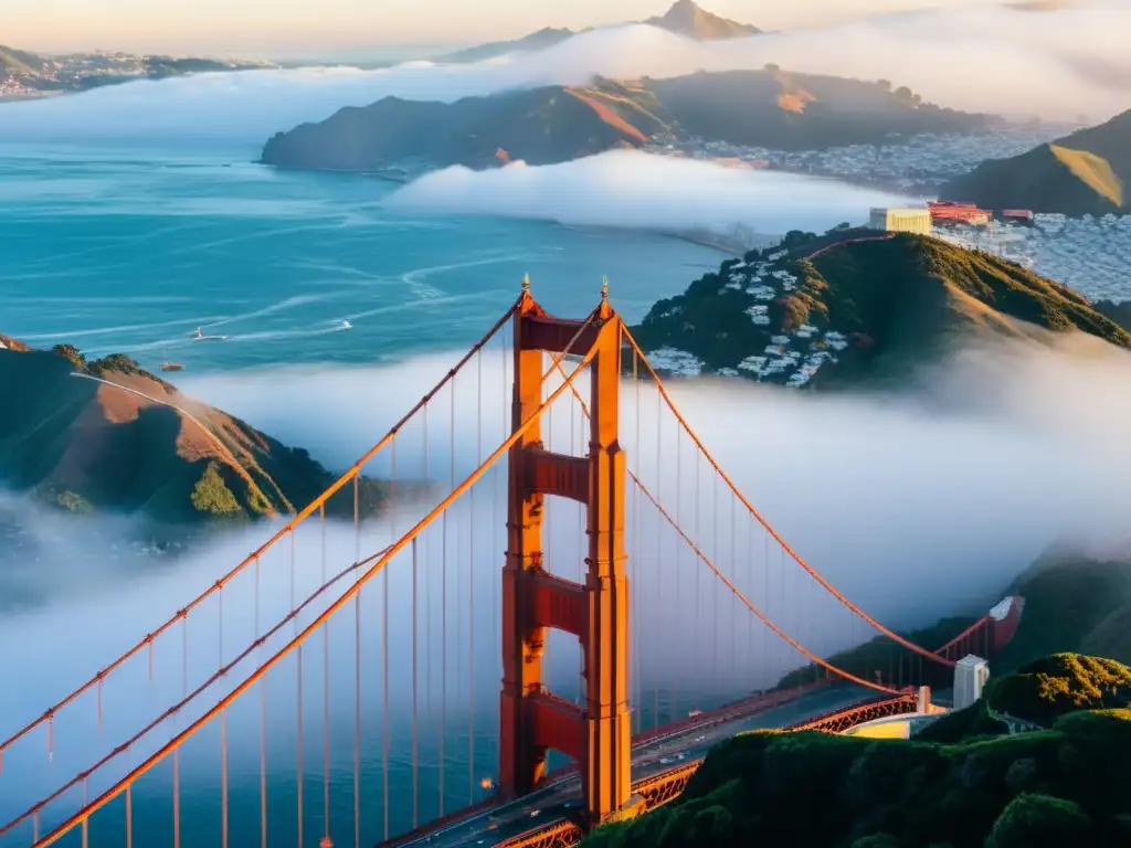 Imagen documental del Puente Golden Gate envuelto en niebla, destacando su belleza arquitectónica