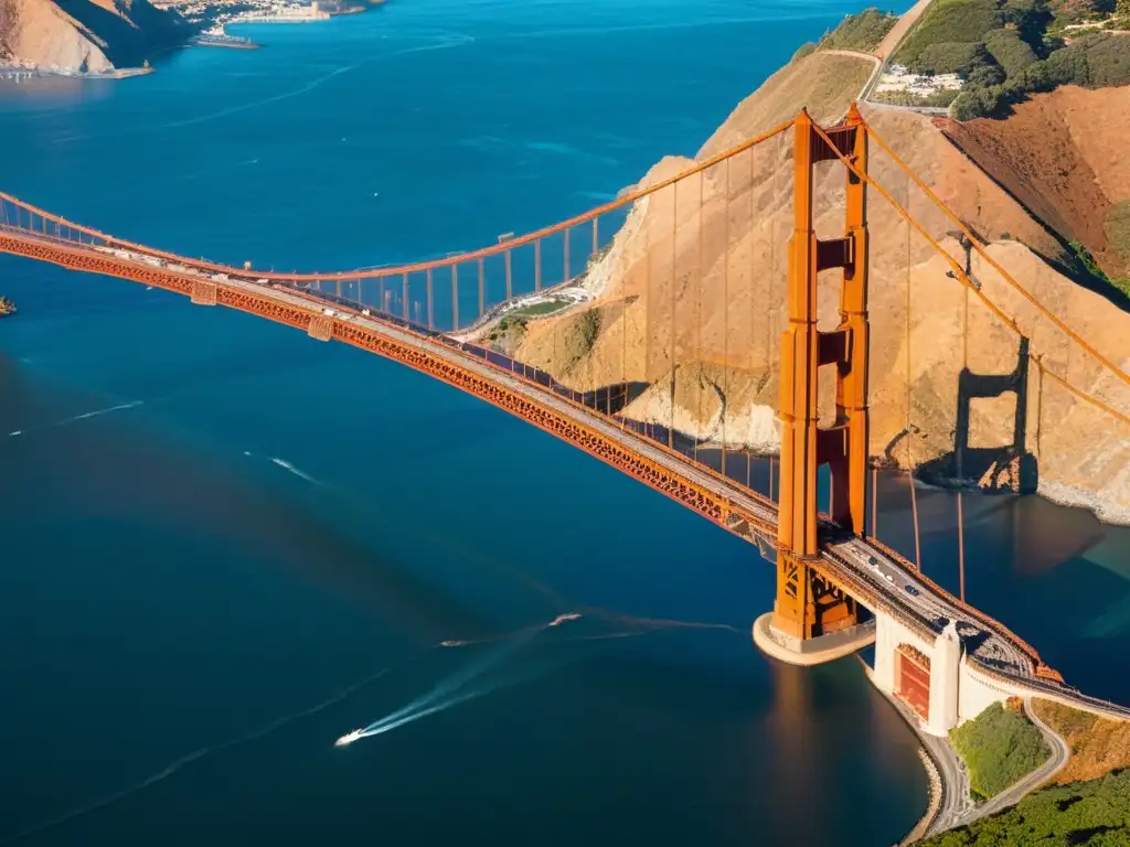 Imagen documental del icónico Puente Golden Gate, resaltando su arquitectura e historia como símbolo cultural y de ingeniería