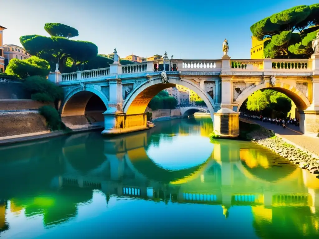 Imagen documental del icónico Puente de San Ángel en Roma, bañado en cálida luz dorada, destacando su historia y arquitectura