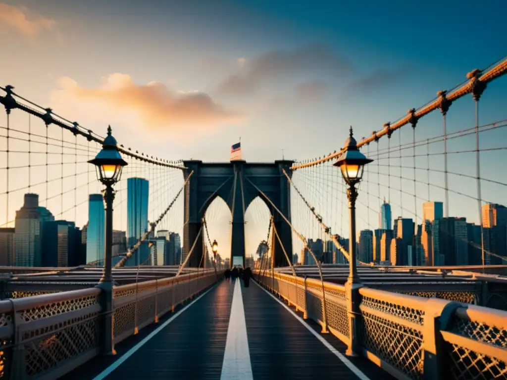 Imagen documental del icónico Puente de Brooklyn al anochecer, con su significado cultural y belleza arquitectónica