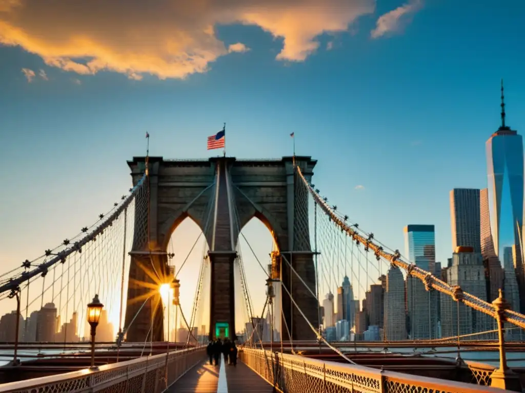 Imagen documental del icónico Puente de Brooklyn al atardecer, mostrando su arquitectura y su historia cultural