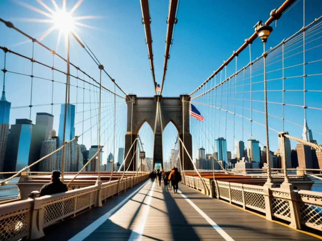 Imagen documental del majestuoso Puente de Brooklyn sobre el río Este, con la ciudad de Nueva York de fondo