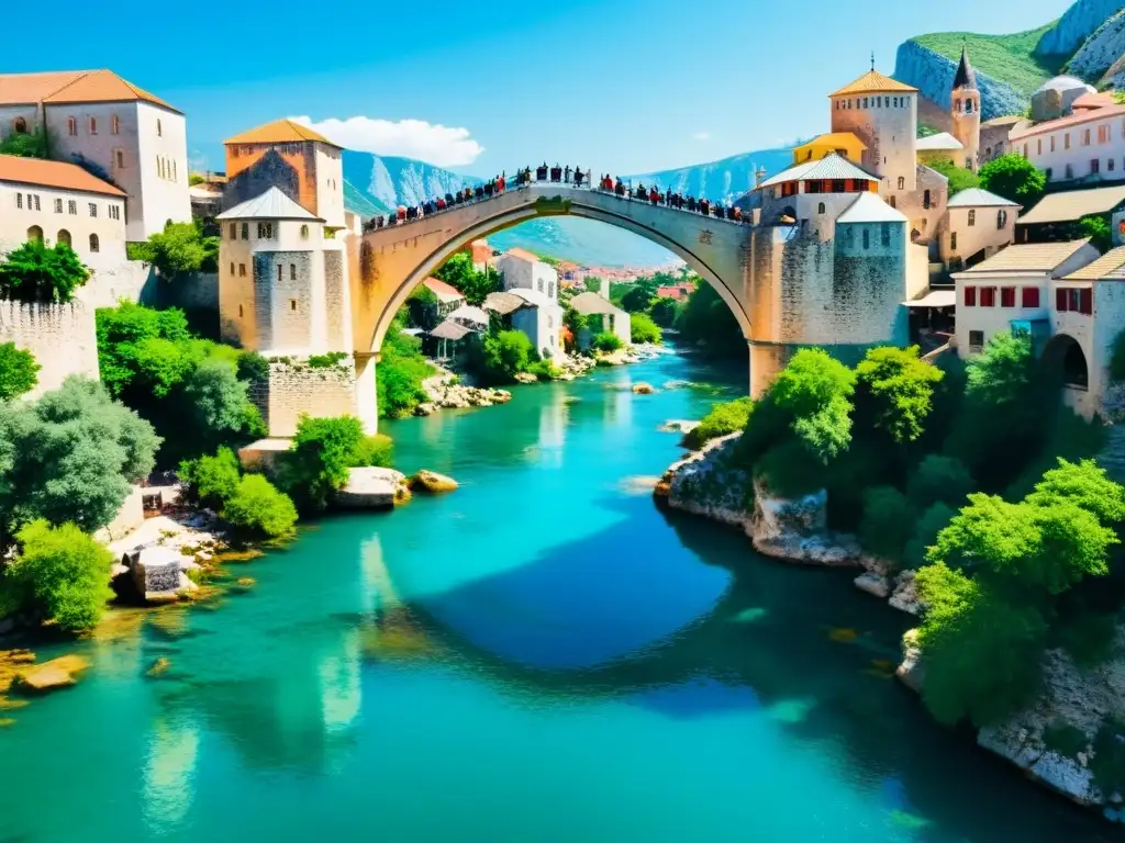 Imagen documental del Puente Stari Most en Mostar, bañado por la cálida luz dorada, rodeado por aguas turquesas del río Neretva y la encantadora ciudad antigua