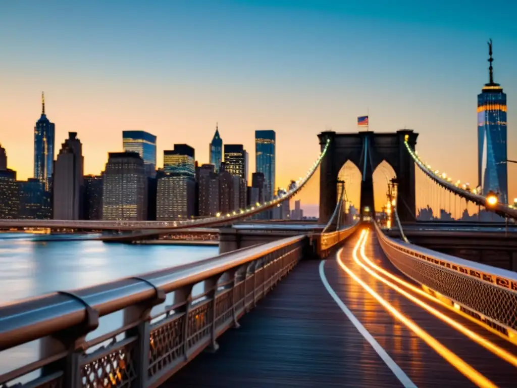 Imagen documental del Puente de Brooklyn iluminado al anochecer, símbolo icónico de la cultura popular y conectividad urbana