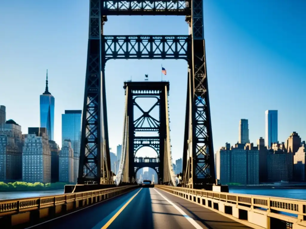 Imagen documental del Puente de Queensboro, capturando su estructura de acero y el juego de luces y sombras, resaltando su historia y arquitectura