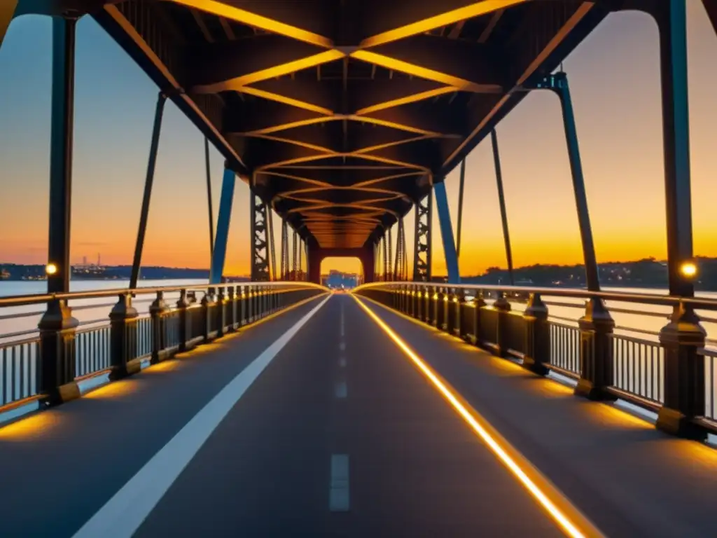 Imagen documental de un puente histórico al anochecer con iluminación tradicional de gas, contrastando con un puente moderno con tecnología LED inteligente