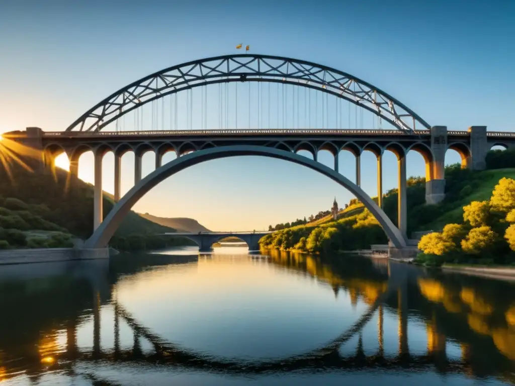 Imagen documental de un puente icónico sobre un río sereno al atardecer, resaltando su arquitectura y reflejos en el agua