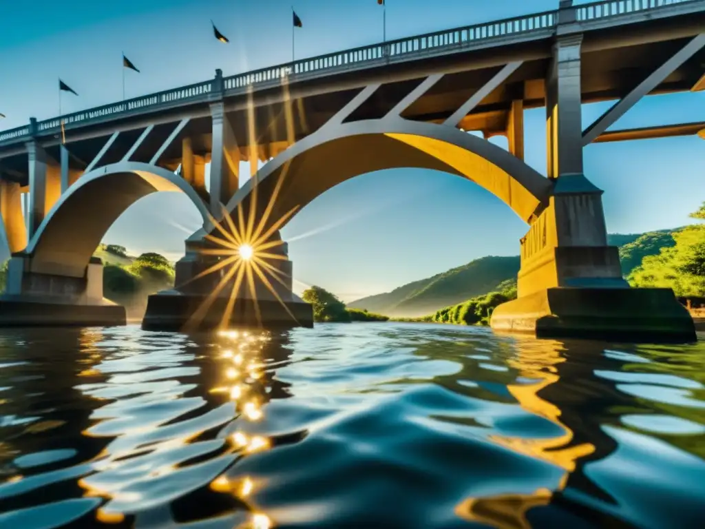 Imagen documental de un puente majestuoso desde el fondo del río