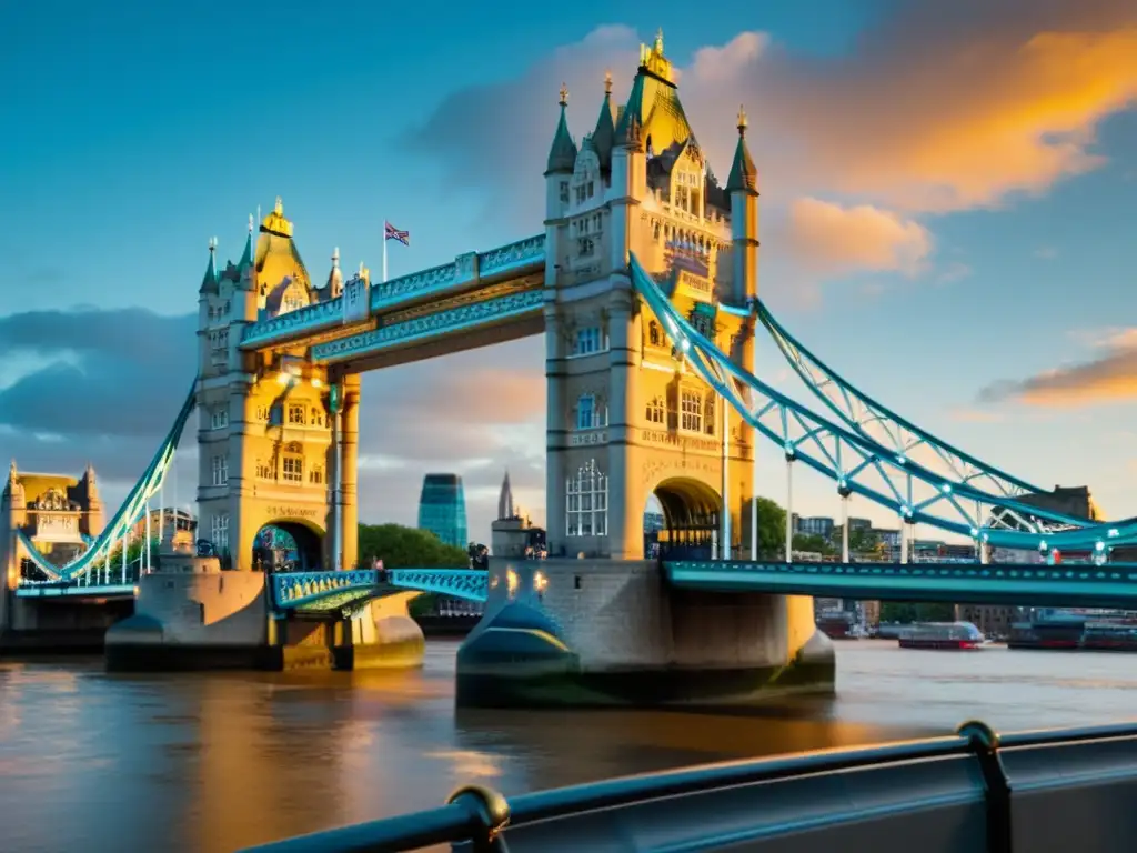 Imagen documental del Puente de la Torre de Londres, icónico en el cine, resplandeciendo bajo la luz dorada del atardecer