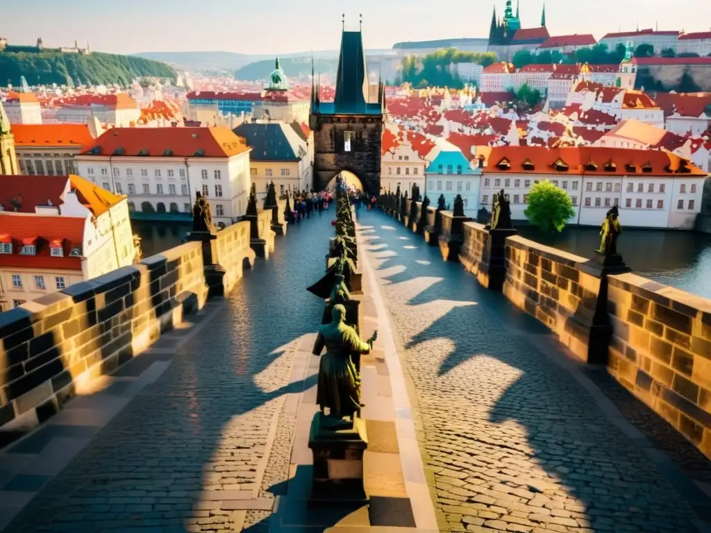 Imagen documental en alta resolución del icónico Puente de Carlos en Praga, con su arquitectura gótica y famosas estatuas de gargolas