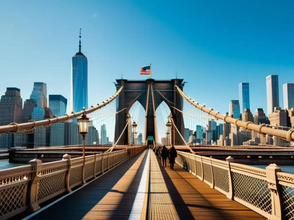 Imagen documental en alta resolución del icónico puente de Brooklyn sobre el río Este, destacando su majestuosidad gótica