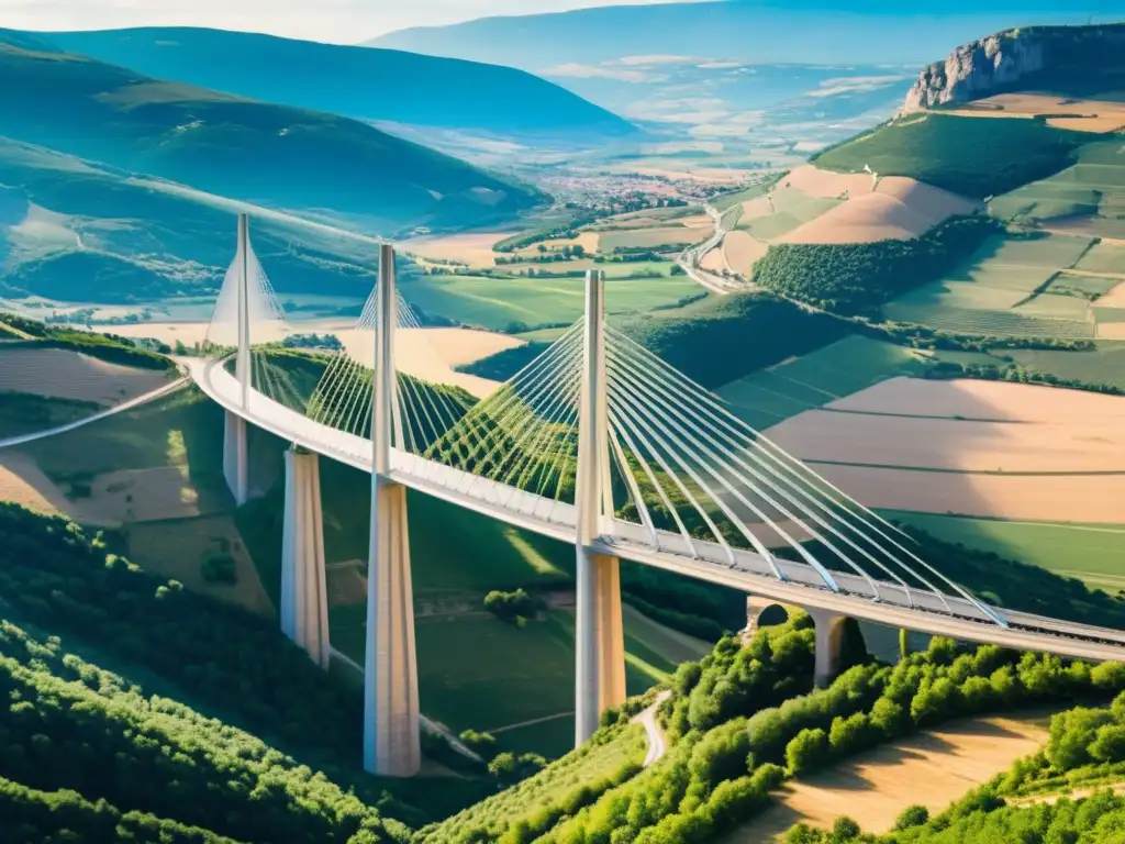 Imagen documental en alta resolución del impresionante Viaducto de Millau en Francia, destacando su diseño innovador y elegante que se integra perfectamente en el paisaje de la región de Midi-Pyrénées