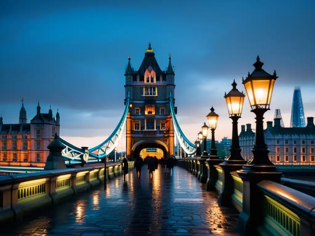 Imagen documental de alta resolución del misterioso Puente de la Torre de Londres envuelto en niebla al anochecer, evocando fantasmas y misterio