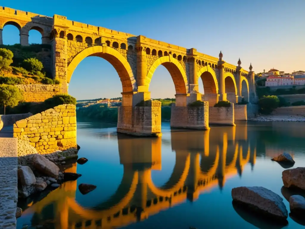 Imagen documental en alta resolución del Puente de Alcántara, destacando su ingeniería romana y bañado por la cálida luz del atardecer en España