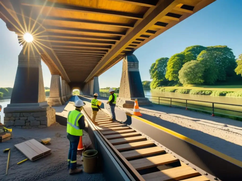 Una imagen documental de alta resolución muestra la restauración de un puente histórico con trabajadores utilizando tecnología de realidad aumentada