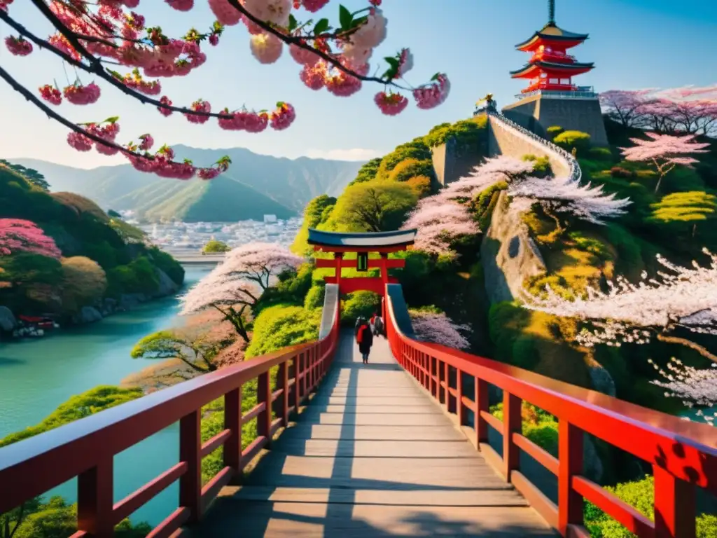 Imagen documental del romántico Puente de los Enamorados en Japón, con parejas, árboles de cerezos y luz suave