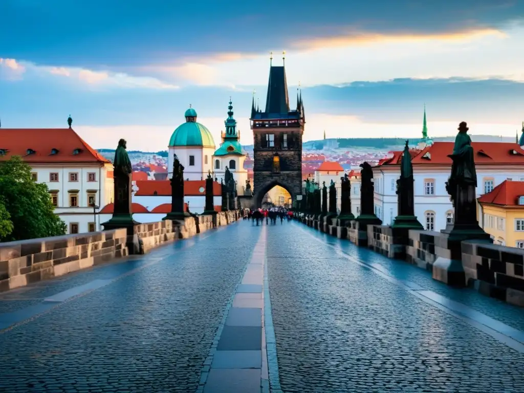 Encanto gótico del Puente de Carlos en Praga Imagen documental de la icónica Torre del Puente de Carlos en Praga, con el río Vltava y el impresionante horizonte de la ciudad