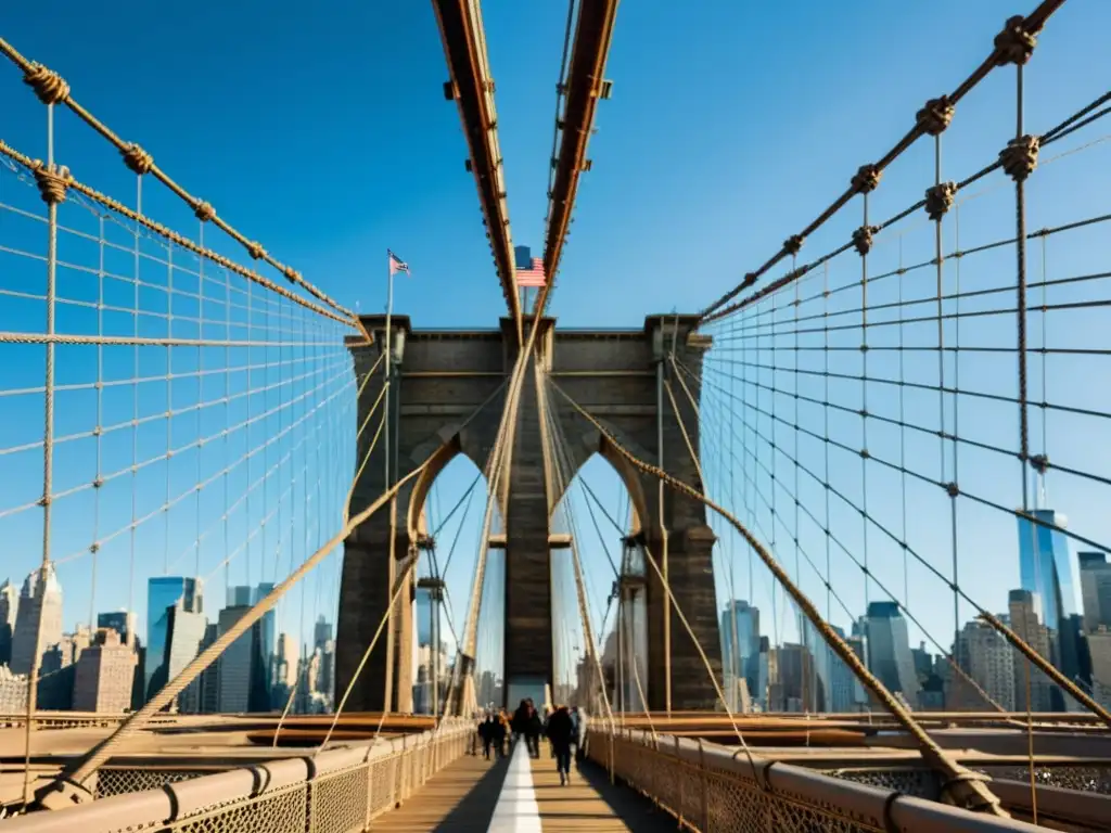 La imagen muestra el enrevesado sistema de cables de acero del icónico Puente de Brooklyn bajo la luz del sol, con el horizonte de Manhattan de fondo