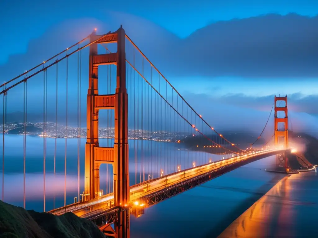 Imagen 8k del Puente Golden Gate envuelto en misteriosa niebla al anochecer, evocando creencias populares