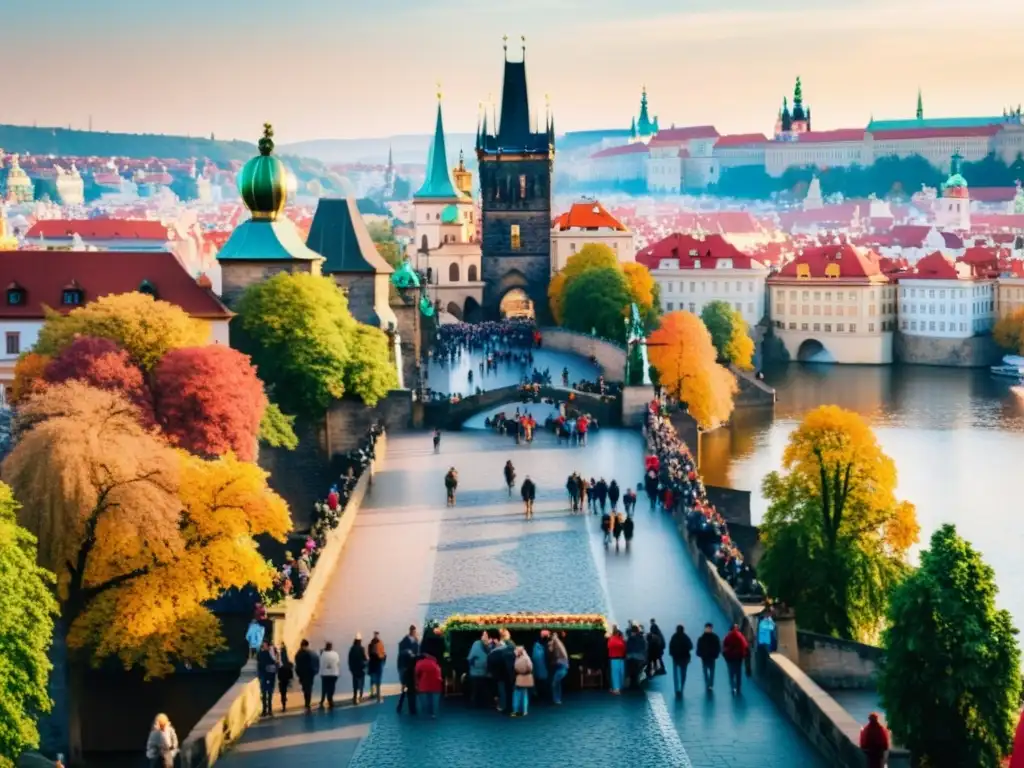 Imagen del Festival de Otoño en el Puente Carlos, con folliage colorido y gente celebrando unidos al atardecer en Praga