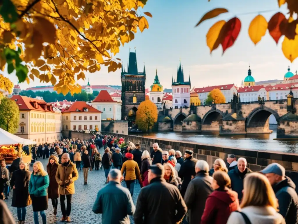 Imagen del Festival de Otoño en el Puente Carlos de Praga, con arquitectura gótica y bulliciosa atmósfera de festival