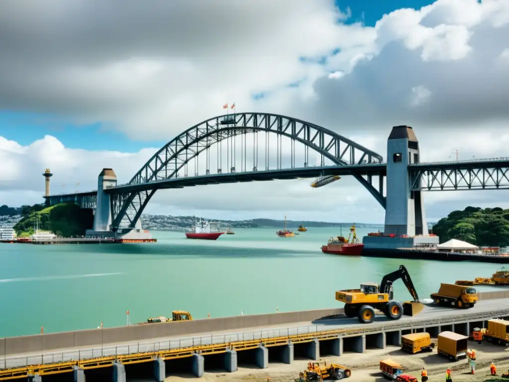 Imagen histórica de la construcción del Puente de Auckland en los años 50, mostrando detalles arquitectónicos y la magnitud del proyecto