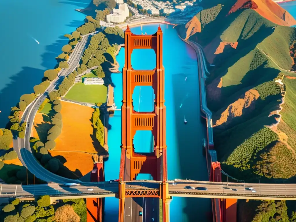 Imagen holográfica de la Realidad Aumentada del Puente Golden Gate en San Francisco, con detalles arquitectónicos y flujo de tráfico en tiempo real