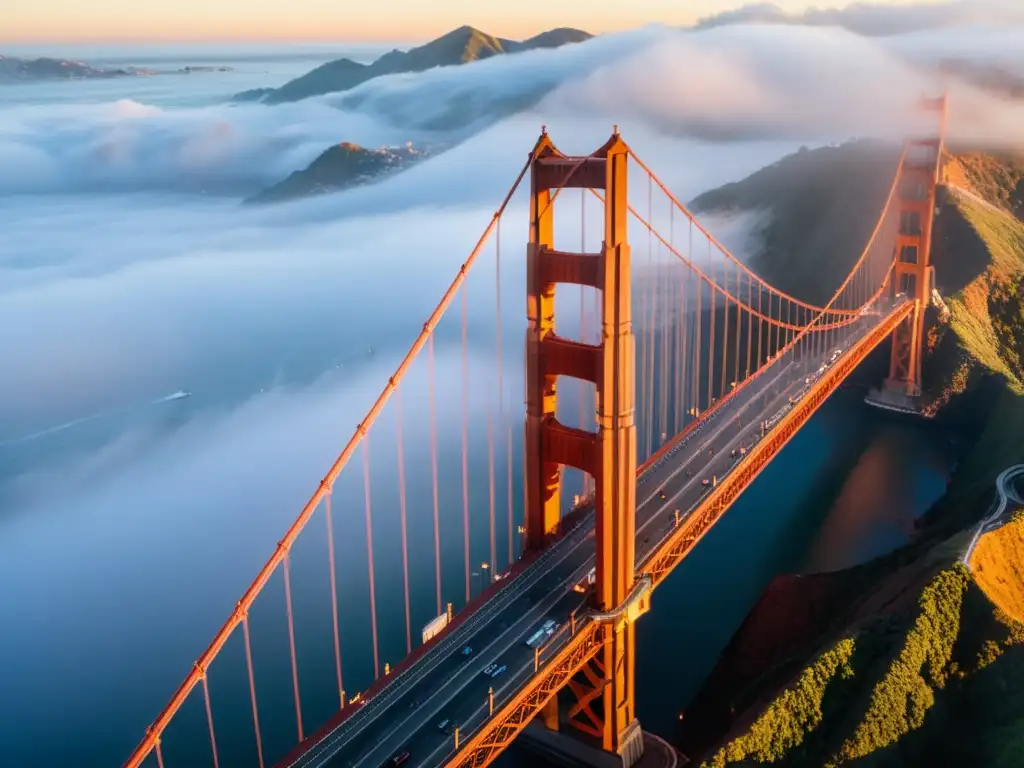 Imagen icónica de la arquitectura de puentes icónicos del mundo: el puente Golden Gate emerge majestuoso entre la neblina al amanecer