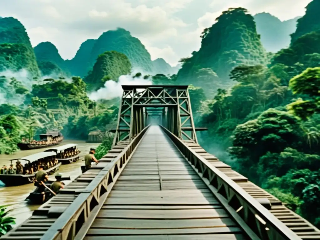 Imagen icónica del cine: el puente en 'El puente sobre el río Kwai' muestra su diseño detallado, la selva circundante y la intensidad de la escena