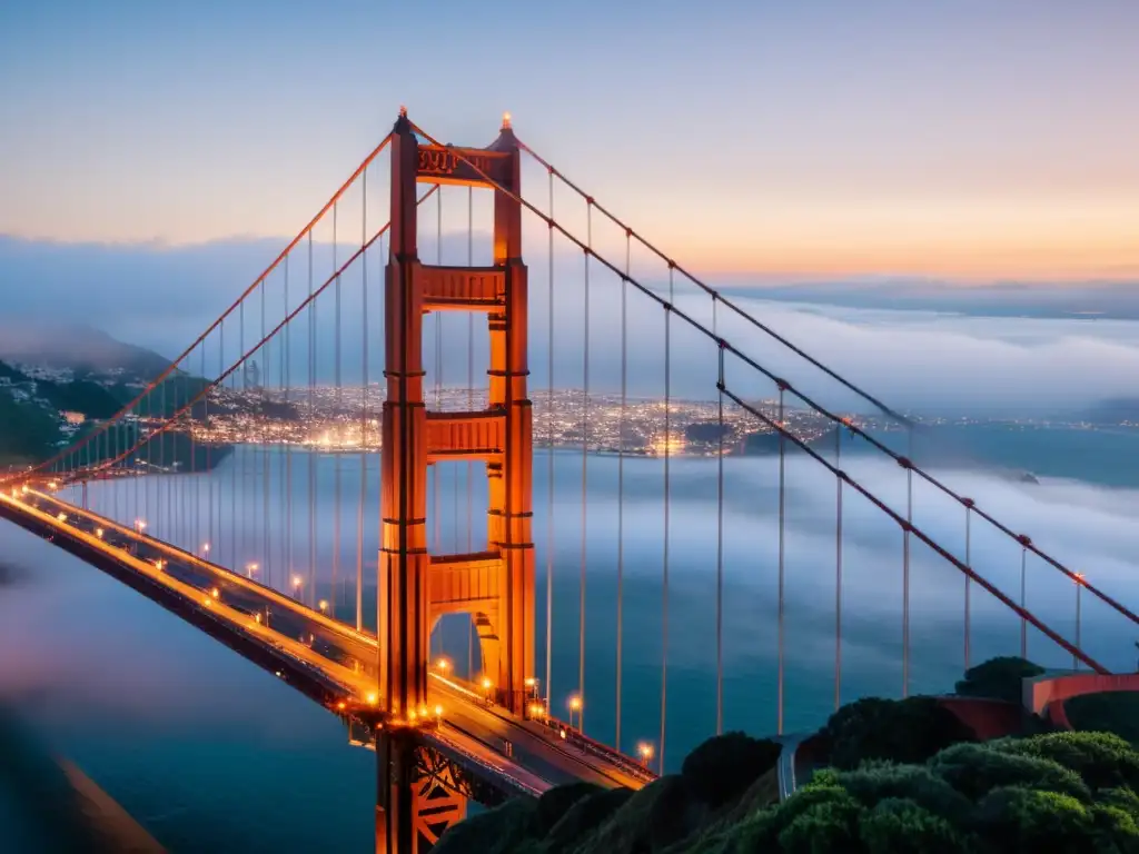 Imagen icónica del Puente Golden Gate en San Francisco, envuelto en la niebla del atardecer