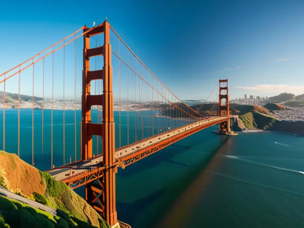 Imagen de alta resolución de la icónica estructura del Puente Golden Gate en San Francisco, capturada en una simulación de Realidad Virtual documental