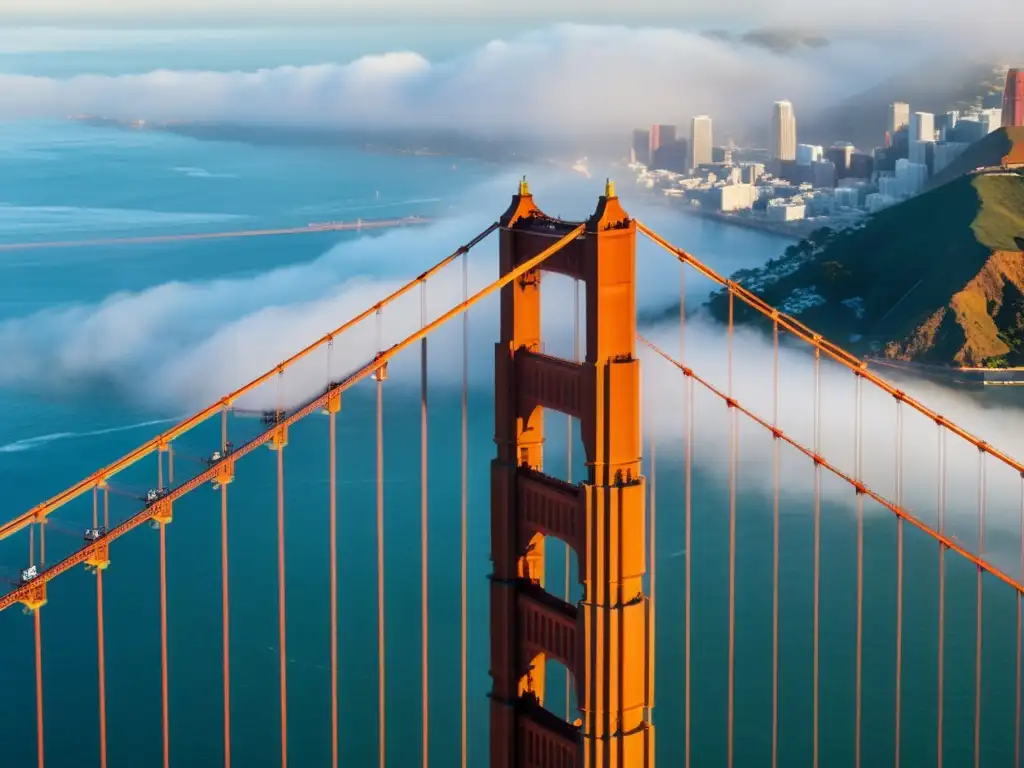 Imagen de la icónica estructura del Puente Golden Gate en una neblinosa mañana, resaltando su historia, arquitectura y diseño impresionante