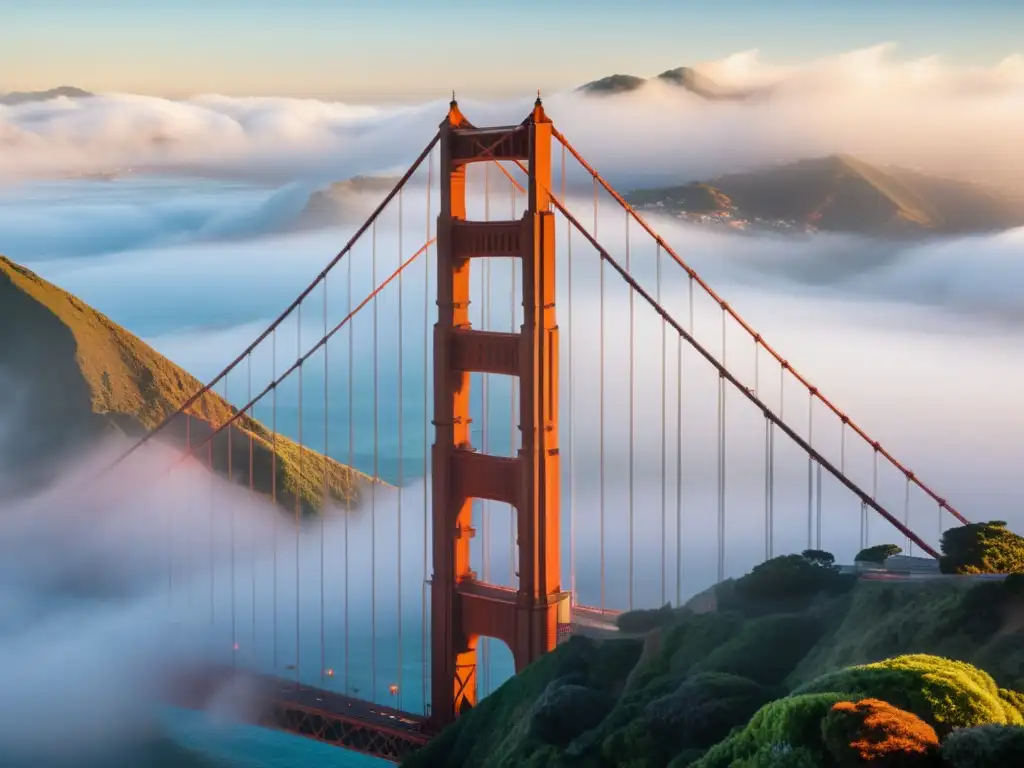 Imagen de la icónica y mística niebla que envuelve el Puente Golden Gate, resaltando su arquitectura y su historia cultural