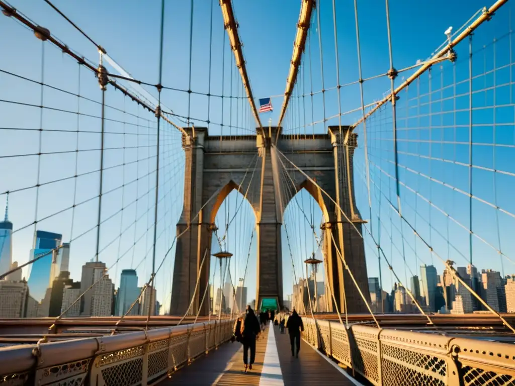 Imagen icónica del Puente de Brooklyn en Nueva York, con su majestuosa estructura de acero, arcos góticos y el skyline de la ciudad al fondo