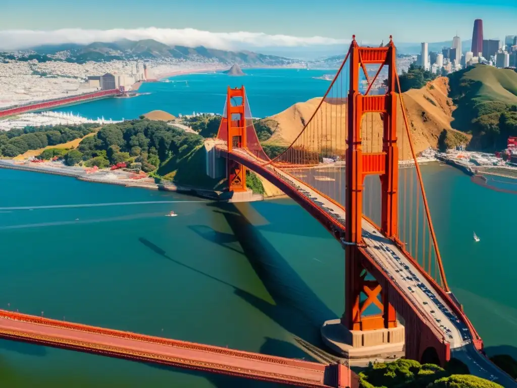 Imagen de la icónica estructura roja del Puente Golden Gate en San Francisco, con una Realidad Aumentada que muestra su historia y diseño arquitectónico