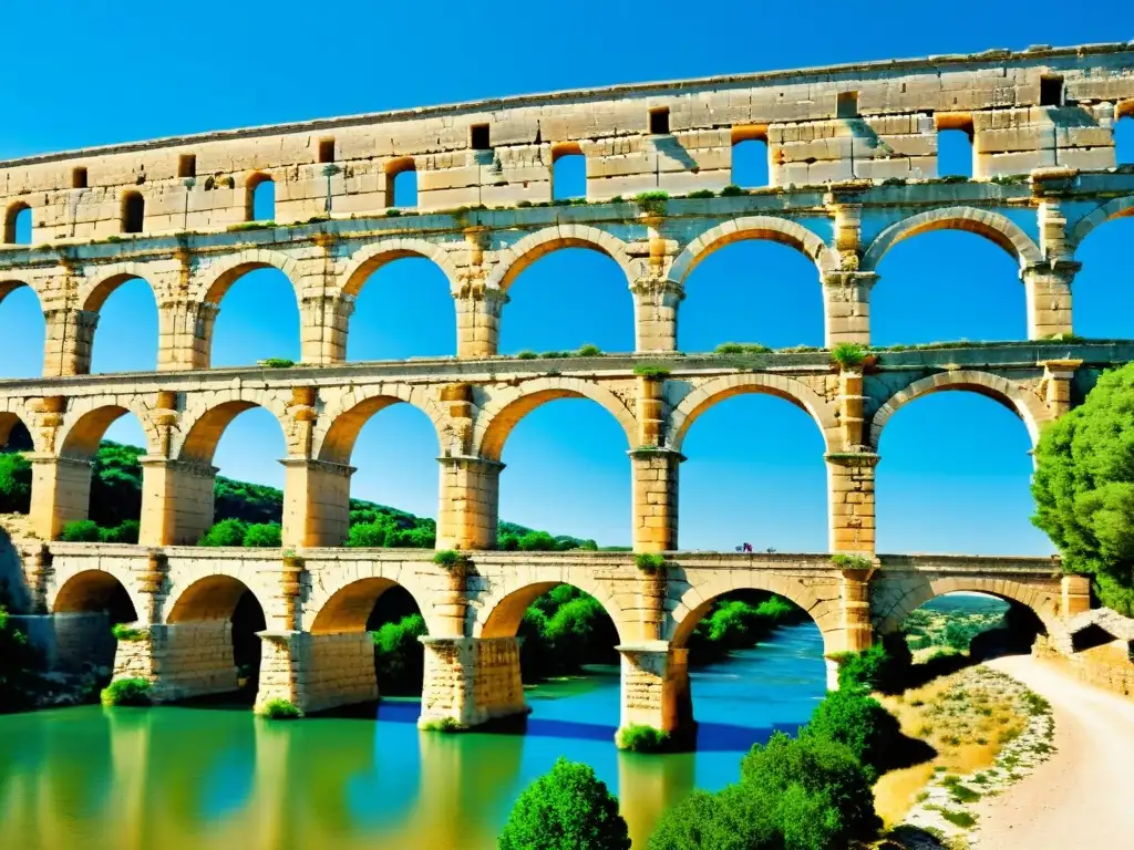 Imagen del icónico acueducto romano Pont du Gard en Francia, con su estructura arqueada y piedras centenarias