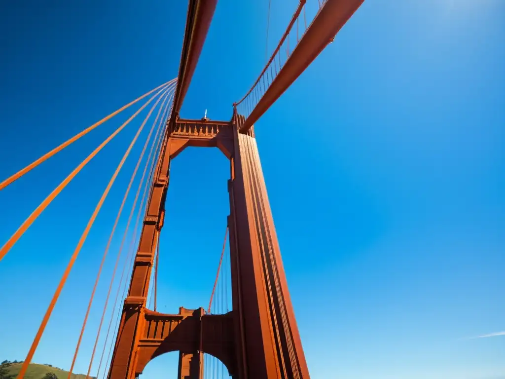 Imagen del Puente Golden Gate en San Francisco, resaltando su icónico color rojo anaranjado contra un cielo azul