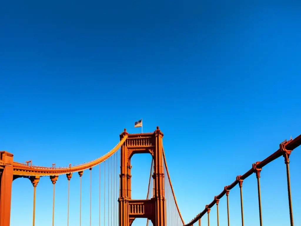 Imagen del icónico Puente Golden Gate en San Francisco, con detalles y colores vívidos que reflejan su grandeza y significado histórico