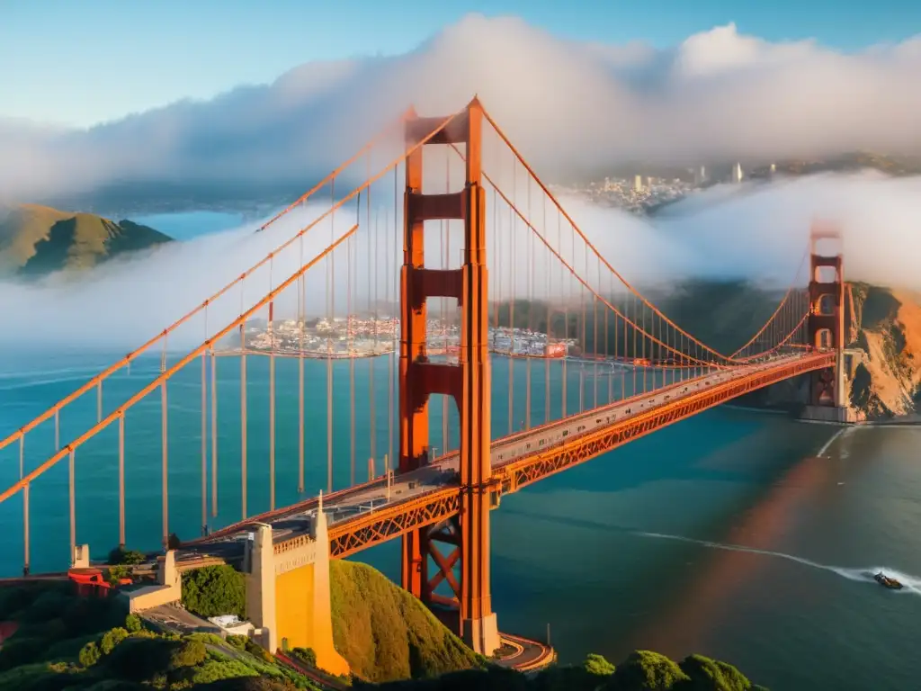 Imagen 8k del icónico Puente Golden Gate en San Francisco, envuelto en neblina, reflejando su belleza arquitectónica y cultural