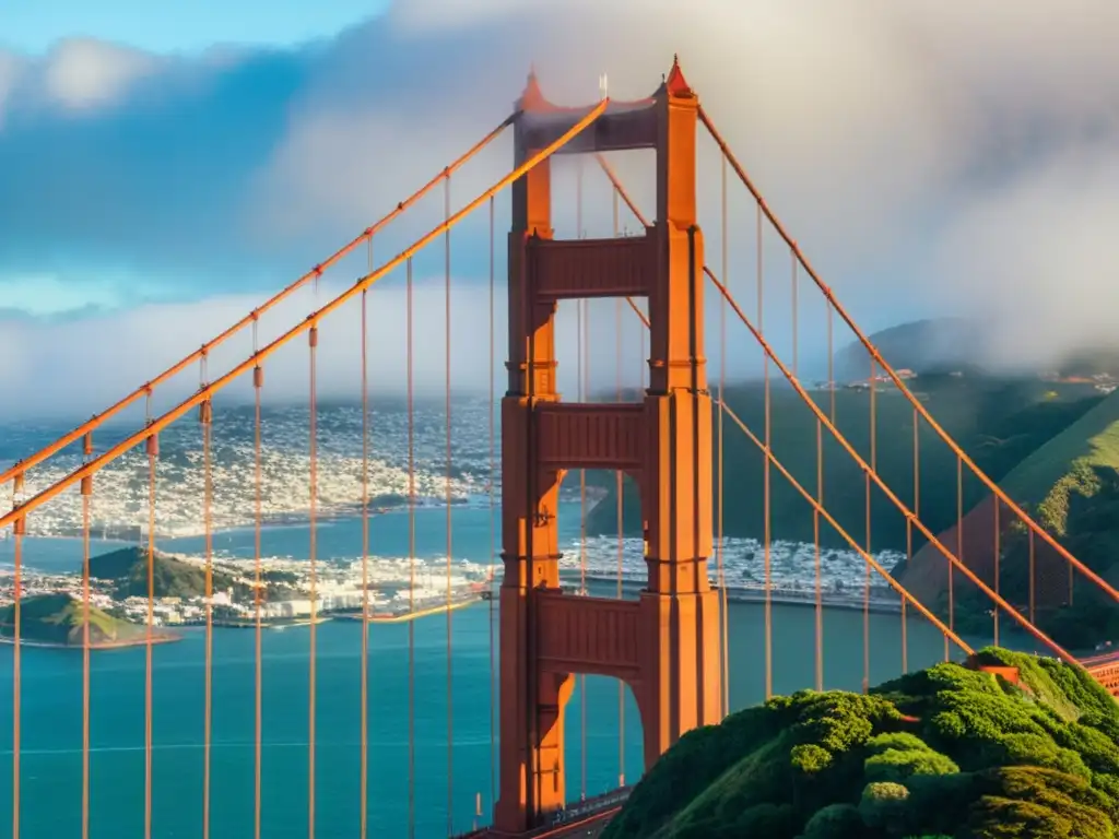 Imagen de alta resolución del icónico Puente Golden Gate, envuelto en niebla con la luz del sol filtrándose entre las nubes, mostrando la grandeza y magnificencia arquitectónica de esta estructura icónica