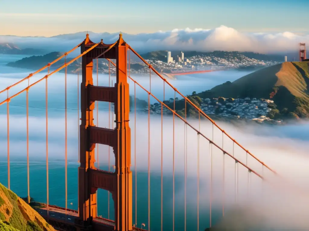 Imagen de alta resolución del icónico puente Golden Gate en San Francisco, envuelto en la niebla matutina