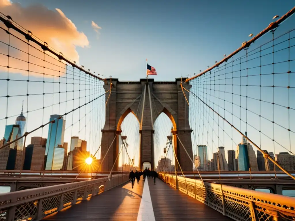 Imagen del icónico Puente de Brooklyn al atardecer, mostrando su arquitectura detallada y la historia que encierra