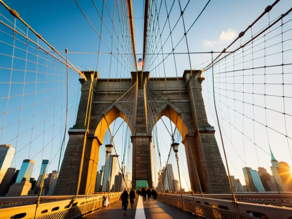 Imagen del icónico puente de Brooklyn bañado por cálida luz dorada, con Manhattan de fondo