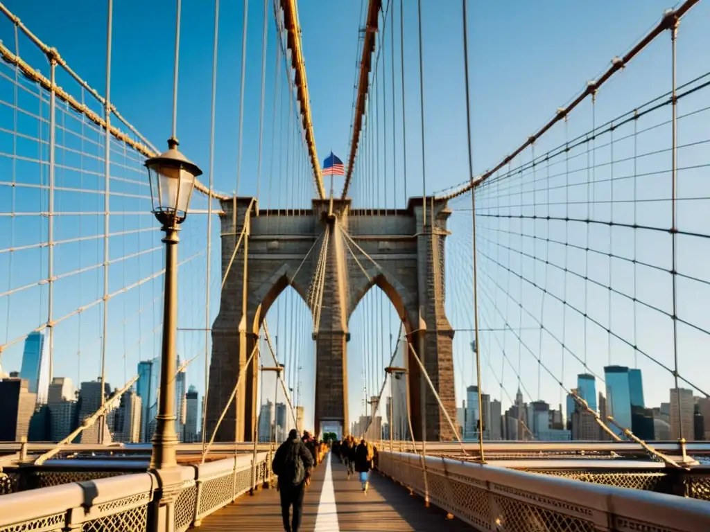 Imagen del icónico Puente de Brooklyn en Nueva York, con sus detalles arquitectónicos góticos y juego de luces y sombras